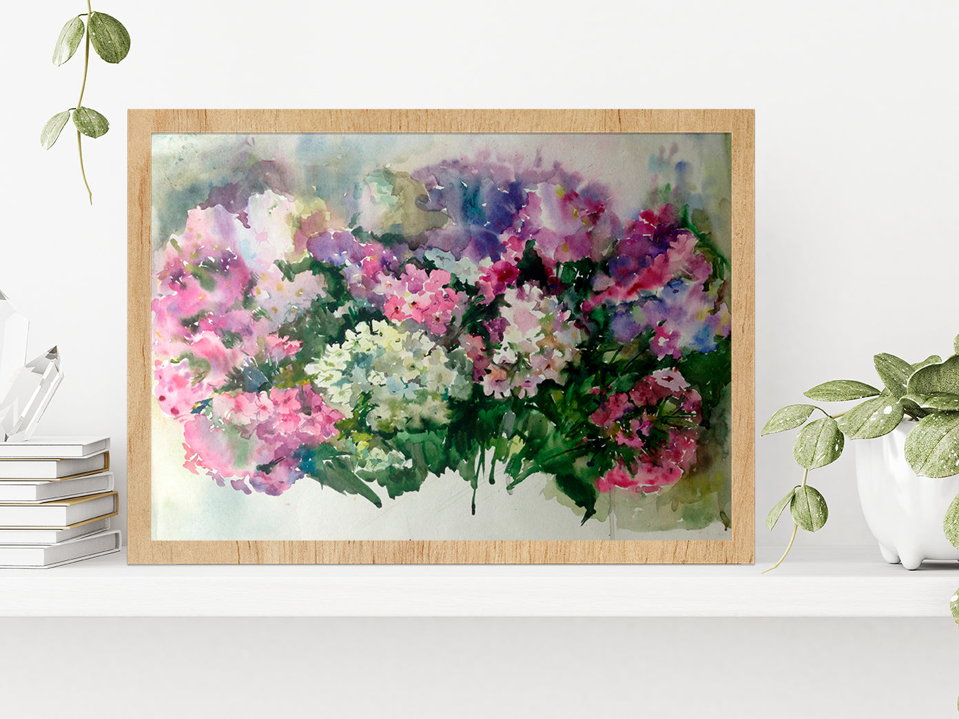 Watercolor Flowers Painting Glass Framed Wall Art, Ready to Hang Quality Print Without White Border Oak