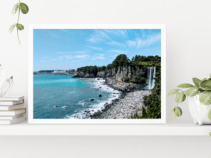 Waterfall At Jeju Beach Blue Sky Glass Framed Wall Art, Ready to Hang Quality Print Without White Border White