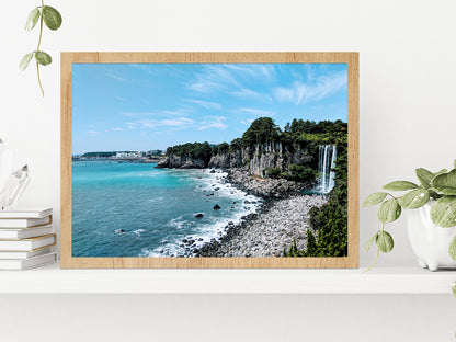 Waterfall At Jeju Beach Blue Sky Glass Framed Wall Art, Ready to Hang Quality Print Without White Border Oak