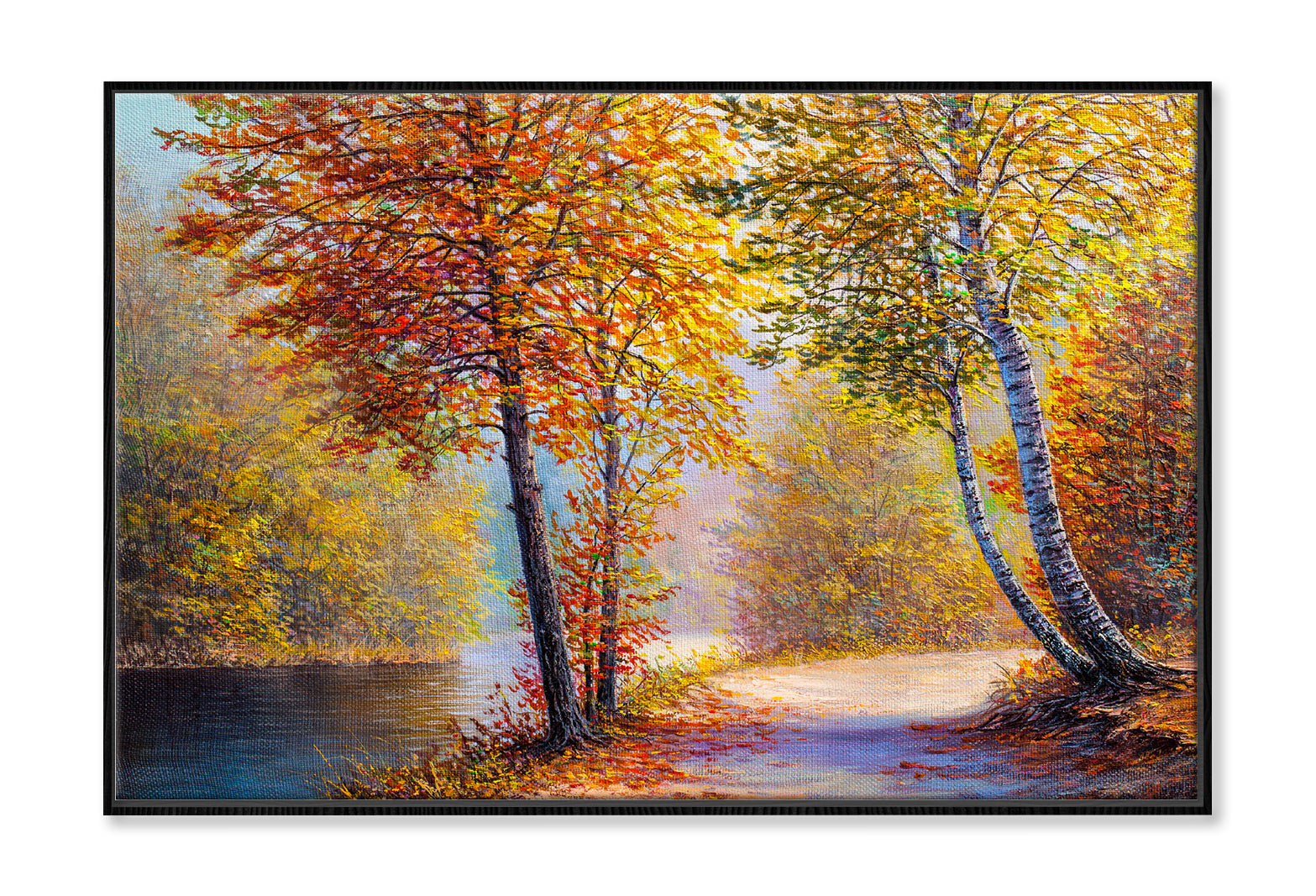 Bright Red Leaves Trees In Autumn Forest & River Oil Painting Wall Art Limited Edition High Quality Print Canvas Box Framed Black