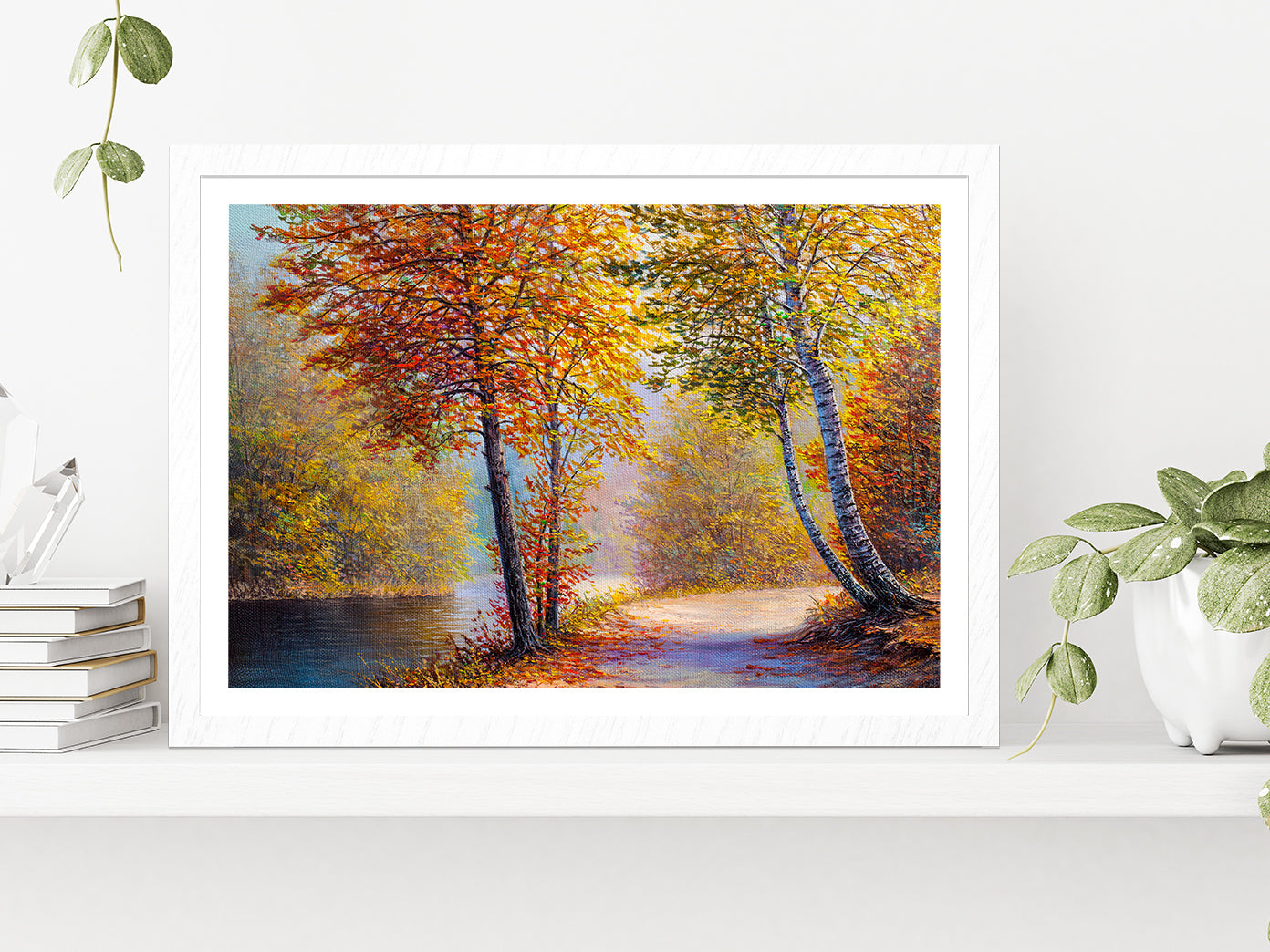 Bright Red Leaves Trees In Autumn Forest & River Glass Framed Wall Art, Ready to Hang Quality Print With White Border White