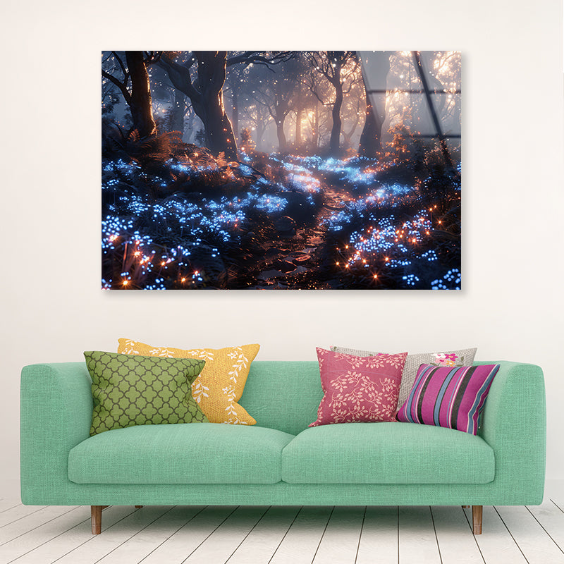 Forest with Red Leaves and Trees by Lights Acrylic Glass Print Tempered Glass Wall Art 100% Made in Australia Ready to Hang - Bella Home Decor