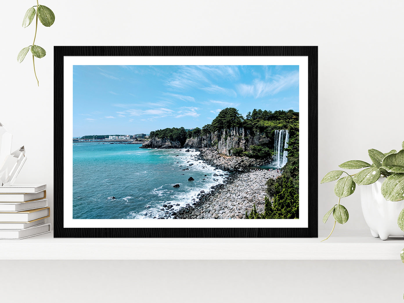 Waterfall At Jeju Beach Blue Sky Glass Framed Wall Art, Ready to Hang Quality Print With White Border Black