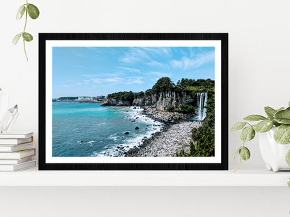 Waterfall At Jeju Beach Blue Sky Glass Framed Wall Art, Ready to Hang Quality Print With White Border Black