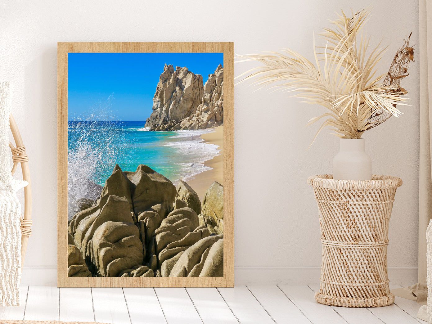 Rocky Beach Photograph Cabo San Lucas Mexico Glass Framed Wall Art, Ready to Hang Quality Print Without White Border Oak