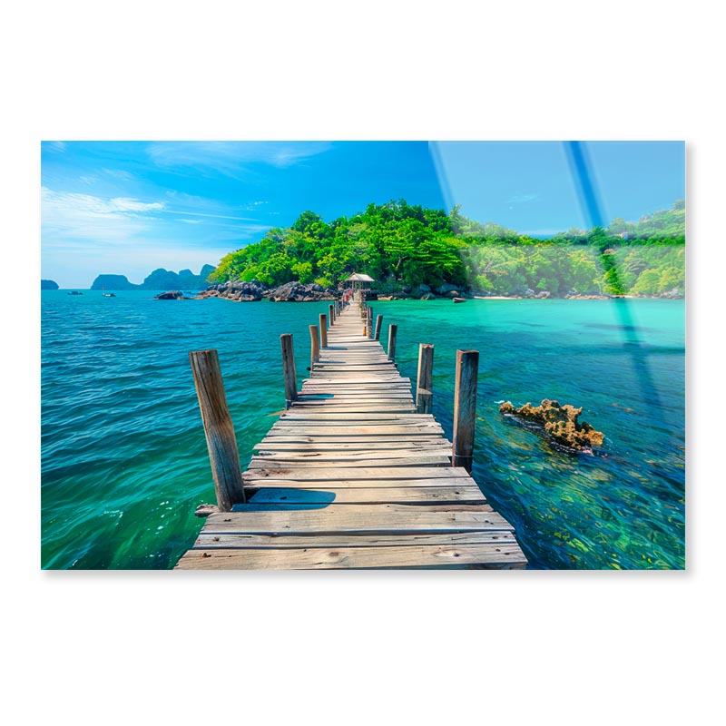 Wooden Pier Leads to An Island with Clear Blue Water and Lush Greenery  Acrylic Glass Print Tempered Glass Wall Art 100% Made in Australia Ready to Hang