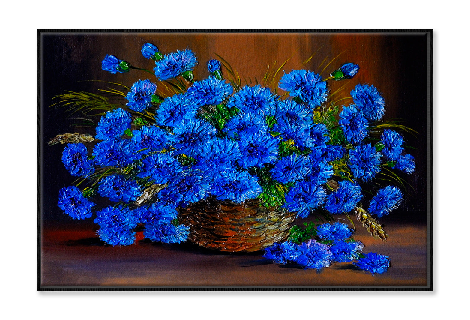 Blue Flowers In A Vase, Art Work Oil Painting Wall Art Limited Edition High Quality Print Canvas Box Framed Black