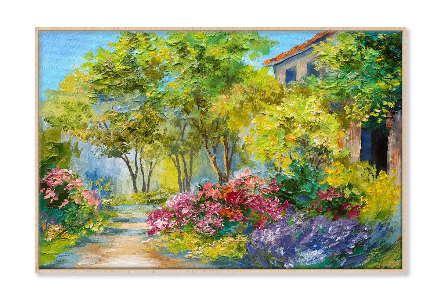 Green Trees & Flower Plants near House Oil Painting Wall Art Limited Edition High Quality Print Canvas Box Framed Natural