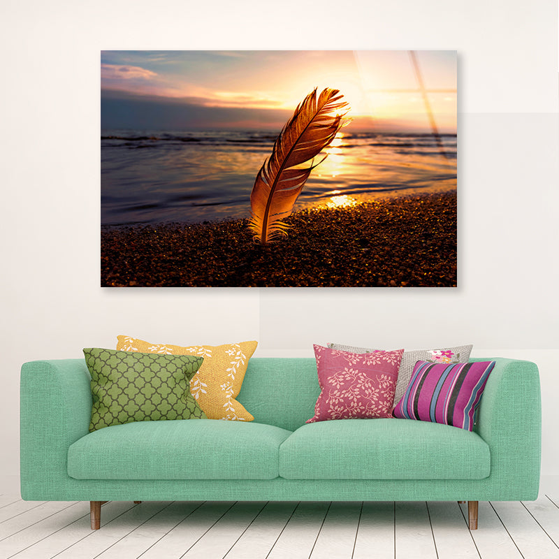 Feather With Sunset in Seashore Acrylic Glass Print Tempered Glass Wall Art 100% Made in Australia Ready to Hang - Bella Home Decor