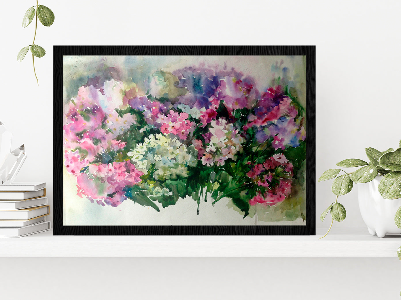 Watercolor Flowers Painting Glass Framed Wall Art, Ready to Hang Quality Print Without White Border Black