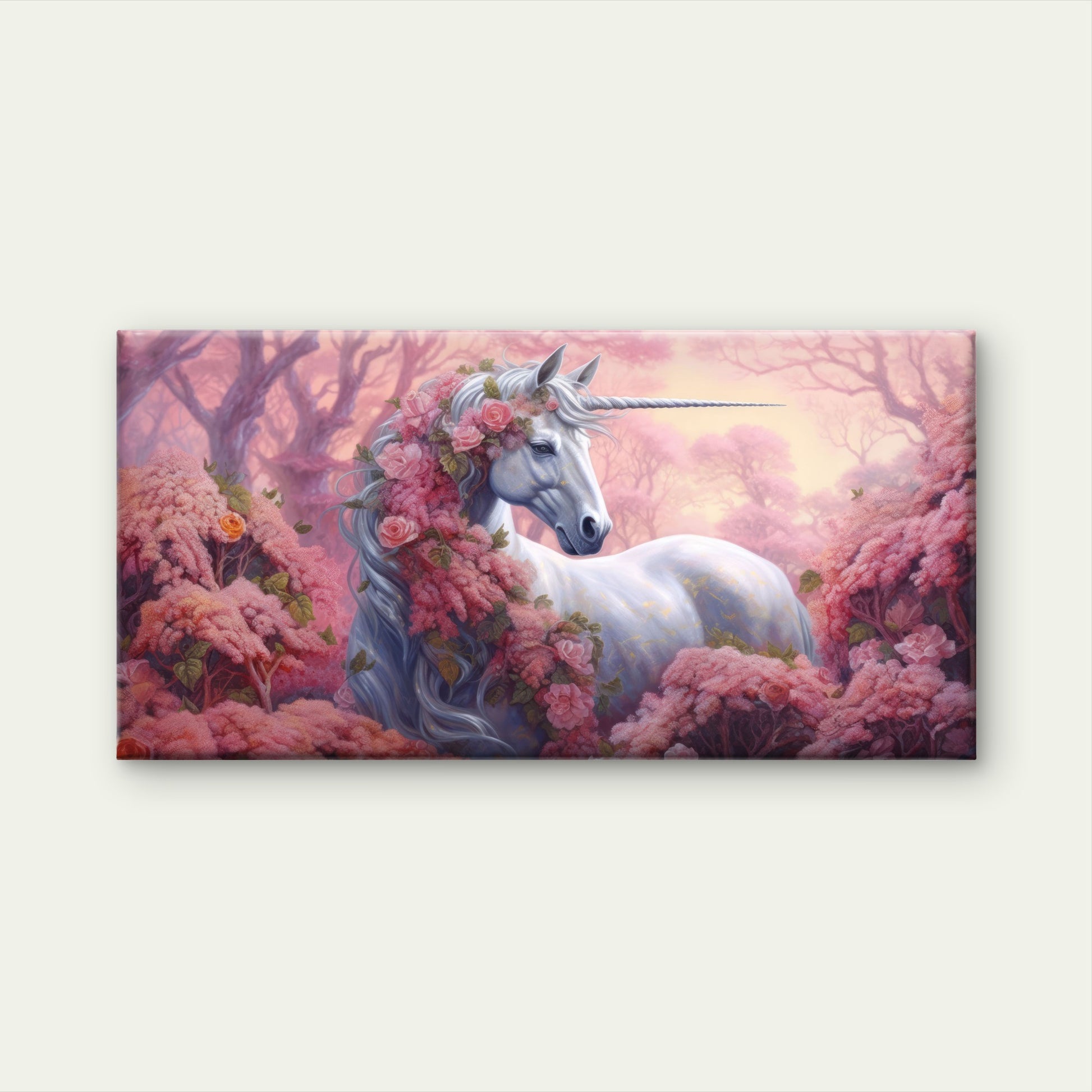 Magical White Unicorn Pink Rose Garden Wall Art Canvas Office Home Framed 120x60cm
