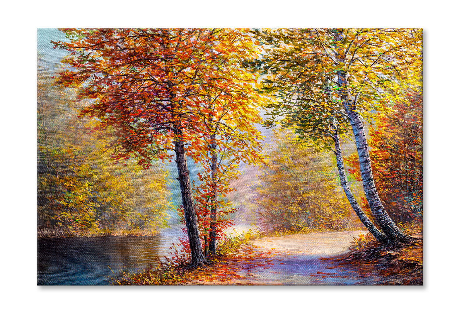 Bright Red Leaves Trees In Autumn Forest & River Oil Painting Wall Art Limited Edition High Quality Print Stretched Canvas None