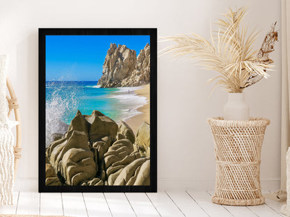 Rocky Beach Photograph Cabo San Lucas Mexico Glass Framed Wall Art, Ready to Hang Quality Print Without White Border Black