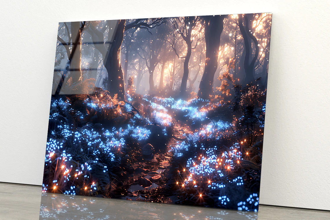 Forest with Red Leaves and Trees by Lights Acrylic Glass Print Tempered Glass Wall Art 100% Made in Australia Ready to Hang - Bella Home Decor