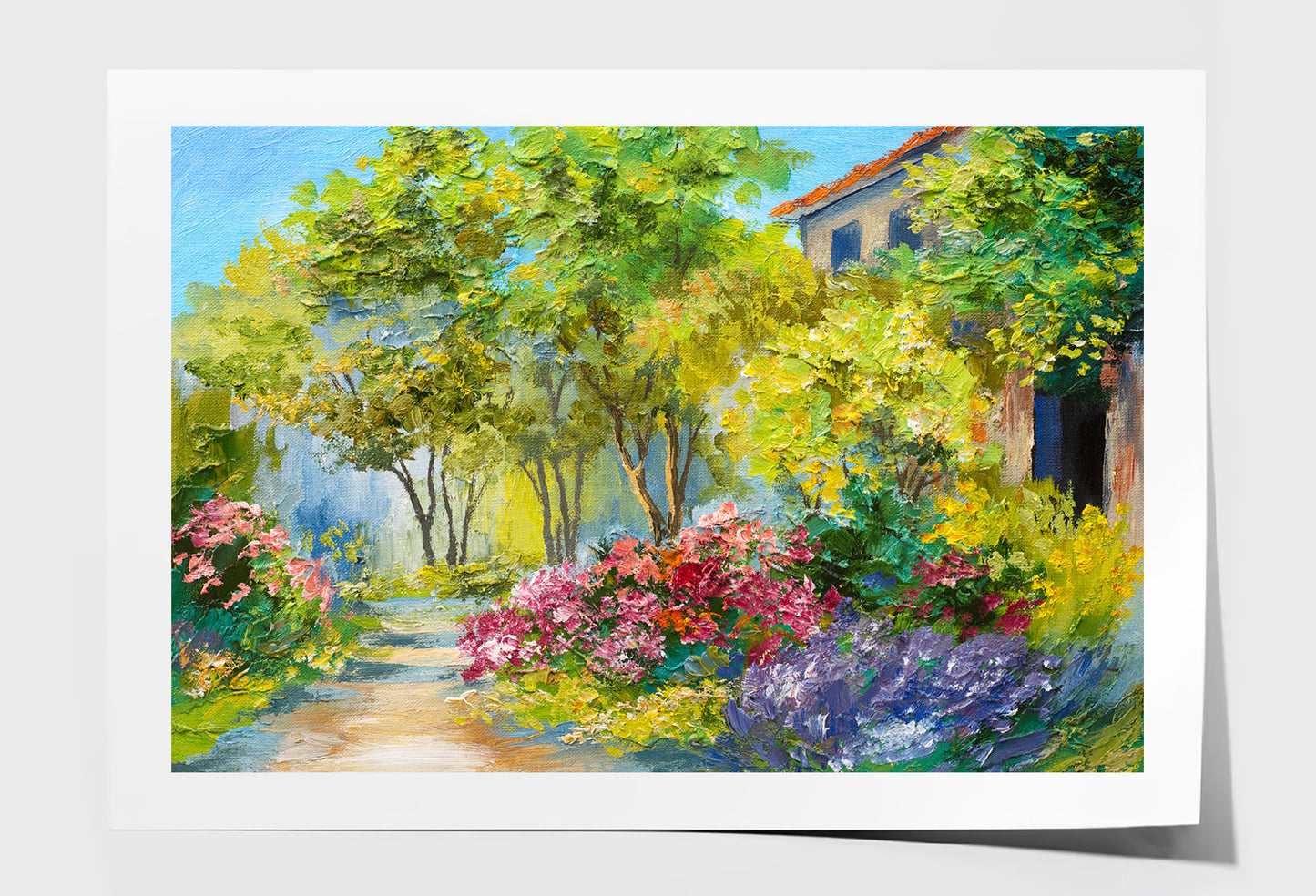 Green Trees & Flower Plants near House Oil Painting Wall Art Limited Edition High Quality Print Unframed Roll Canvas None