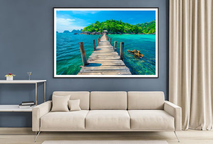 Wooden Pier Leads to An Island with Clear Blue Water and Lush Greenery Home Decor Premium Quality Poster Print Choose Your Sizes