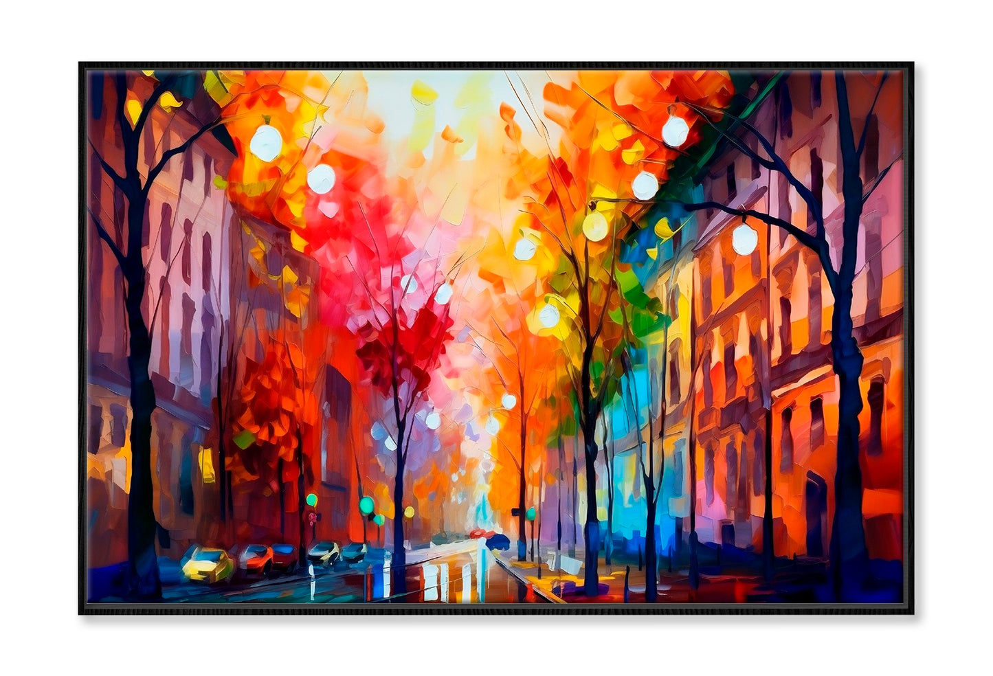 City In Autumn, Scenic Landscape With A Pleasant Trees Oil Painting Limited Edition High Quality Print Canvas Box Framed Black