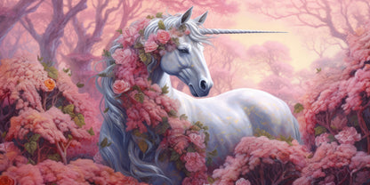 Magical White Unicorn Pink Rose Garden Wall Art Canvas Office Home Framed 120x60cm