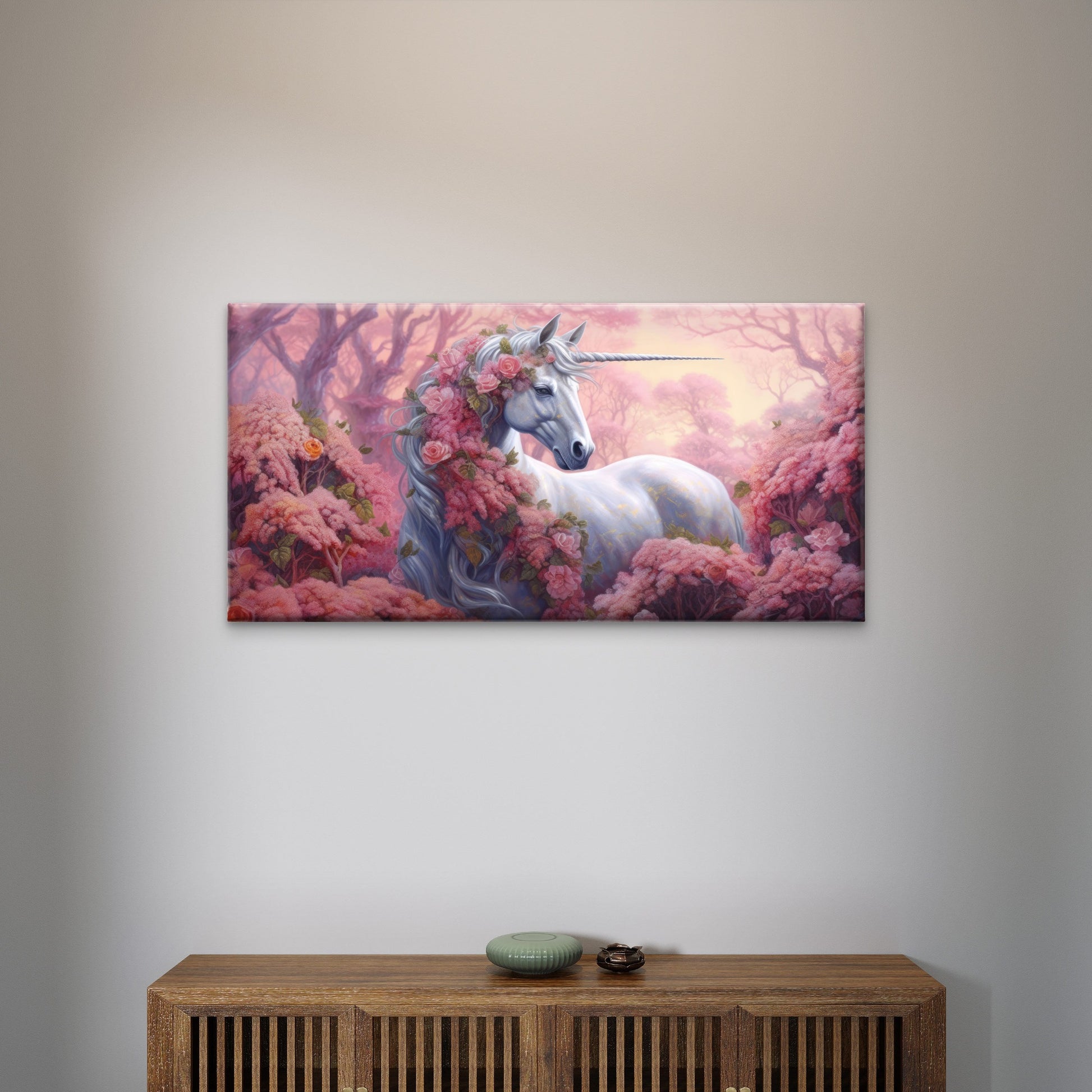 Magical White Unicorn Pink Rose Garden Wall Art Canvas Office Home Framed 120x60cm