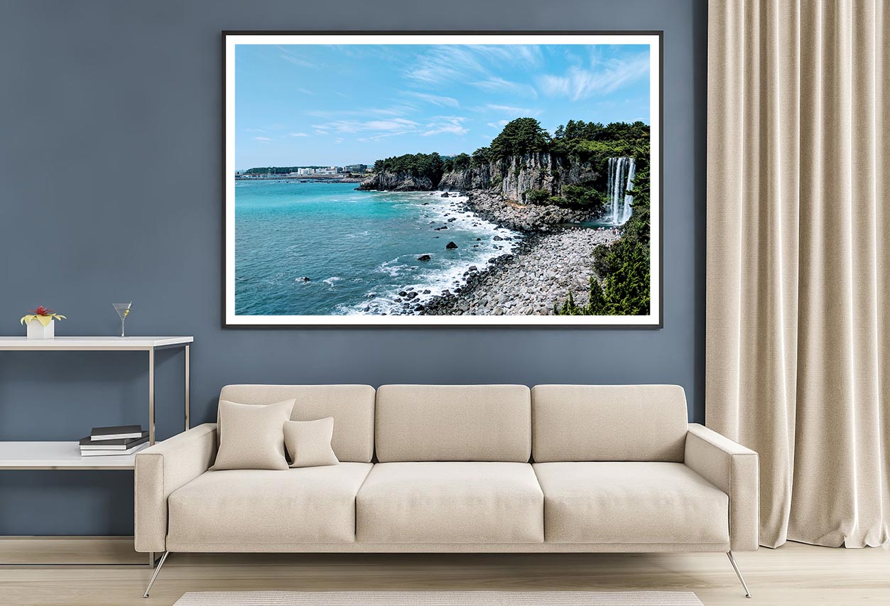 Waterfall At Jeju Beach Blue Sky Home Decor Premium Quality Poster Print Choose Your Sizes