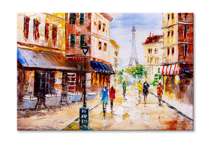 People Walking in Street & Eiffel Tower Oil Painting Wall Art Limited Edition High Quality Print Stretched Canvas None