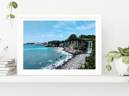 Waterfall At Jeju Beach Blue Sky Glass Framed Wall Art, Ready to Hang Quality Print With White Border White