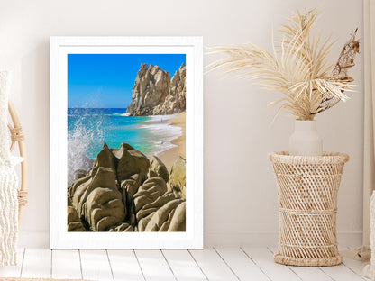 Rocky Beach Photograph Cabo San Lucas Mexico Glass Framed Wall Art, Ready to Hang Quality Print With White Border White