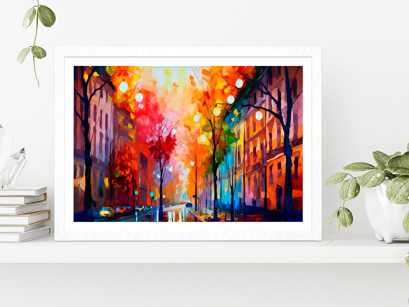 City In Autumn, Scenic Landscape With A Pleasant Trees Glass Framed Wall Art, Ready to Hang Quality Print With White Border White