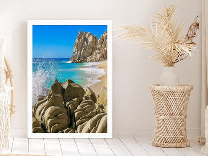 Rocky Beach Photograph Cabo San Lucas Mexico Glass Framed Wall Art, Ready to Hang Quality Print Without White Border White