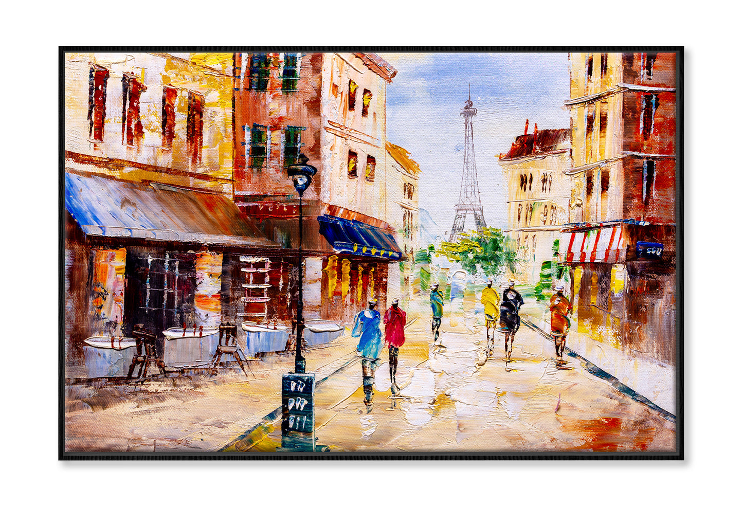 People Walking in Street & Eiffel Tower Oil Painting Wall Art Limited Edition High Quality Print Canvas Box Framed Black