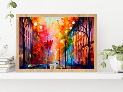 City In Autumn, Scenic Landscape With A Pleasant Trees Glass Framed Wall Art, Ready to Hang Quality Print Without White Border Oak