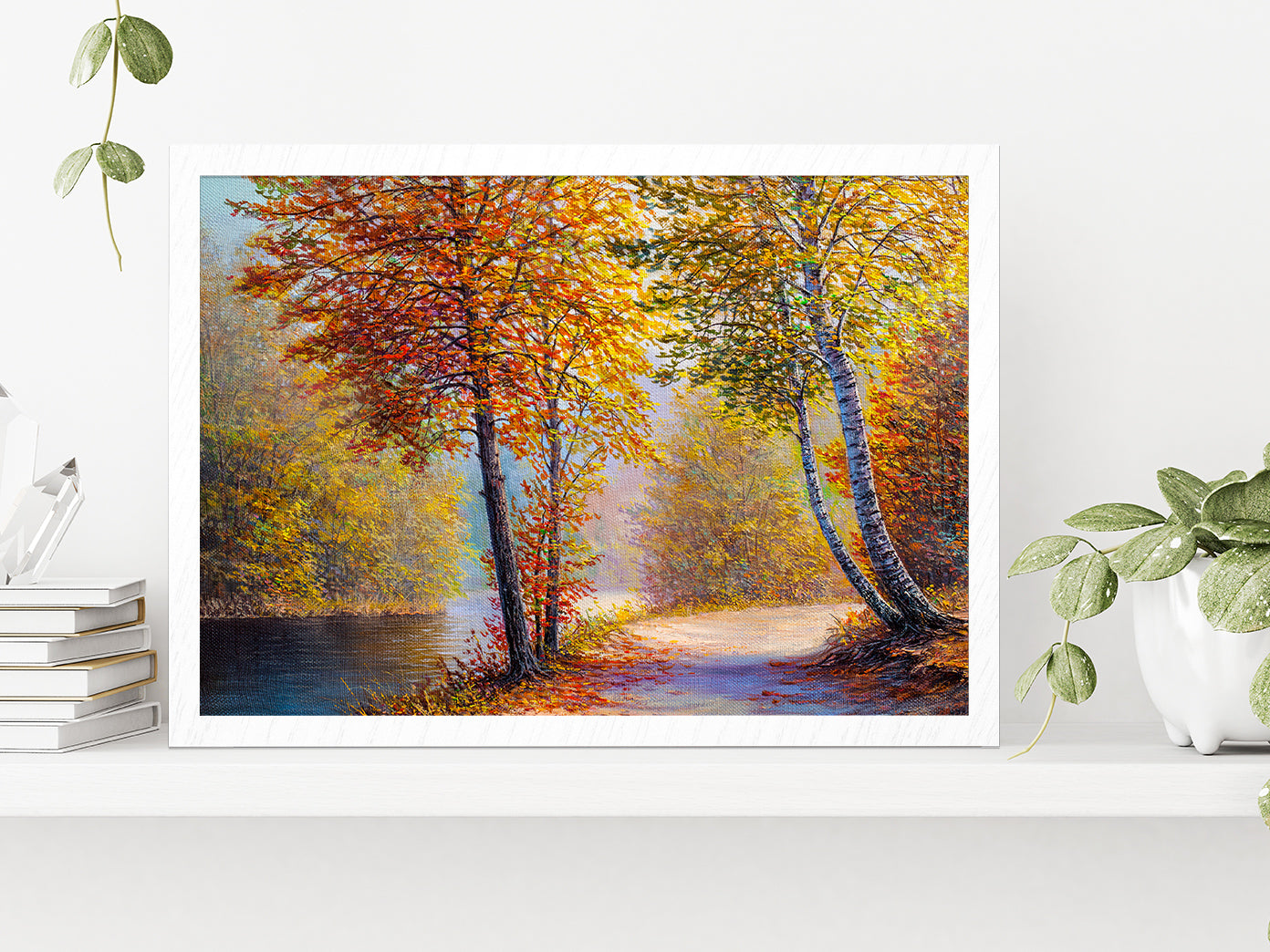 Bright Red Leaves Trees In Autumn Forest & River Glass Framed Wall Art, Ready to Hang Quality Print Without White Border White