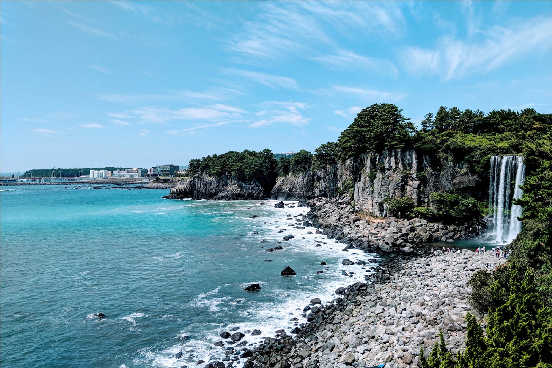 Waterfall At Jeju Beach Blue Sky Glass Framed Wall Art, Ready to Hang Quality Print