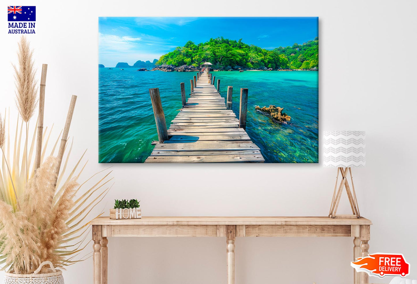 Wooden Pier Leads to An Island with Clear Blue Water and Lush Greenery Wall Art Decor 100% Australian Made