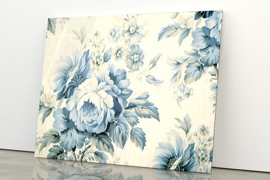 Blue Floral Vintage Wallpaper Acrylic Glass Print Tempered Glass Wall Art 100% Made in Australia Ready to Hang - Bella Home Decor