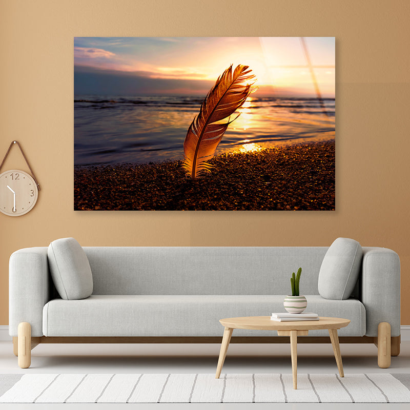 Feather With Sunset in Seashore Acrylic Glass Print Tempered Glass Wall Art 100% Made in Australia Ready to Hang - Bella Home Decor