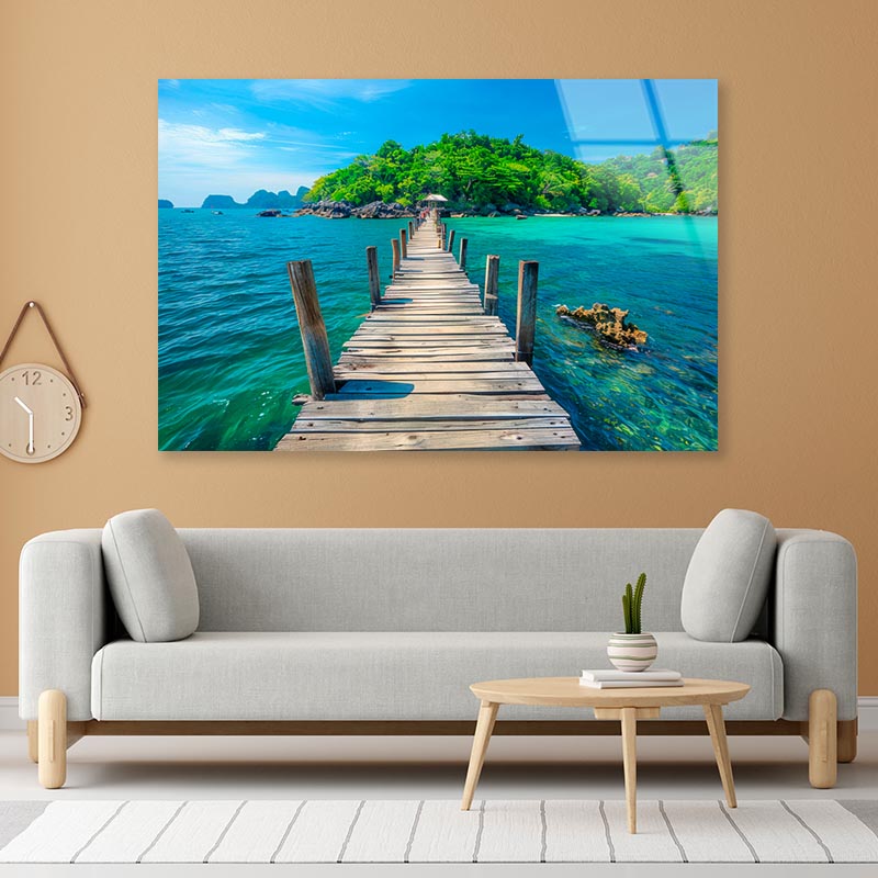 Wooden Pier Leads to An Island with Clear Blue Water and Lush Greenery  Acrylic Glass Print Tempered Glass Wall Art 100% Made in Australia Ready to Hang