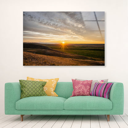 Sunset at Grasslands with Colorful Sky Acrylic Glass Print Tempered Glass Wall Art 100% Made in Australia Ready to Hang