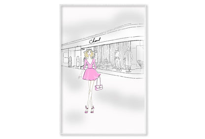 Pink Girl With Fashion Store Wall Art Limited Edition High Quality Print Canvas Box Framed White