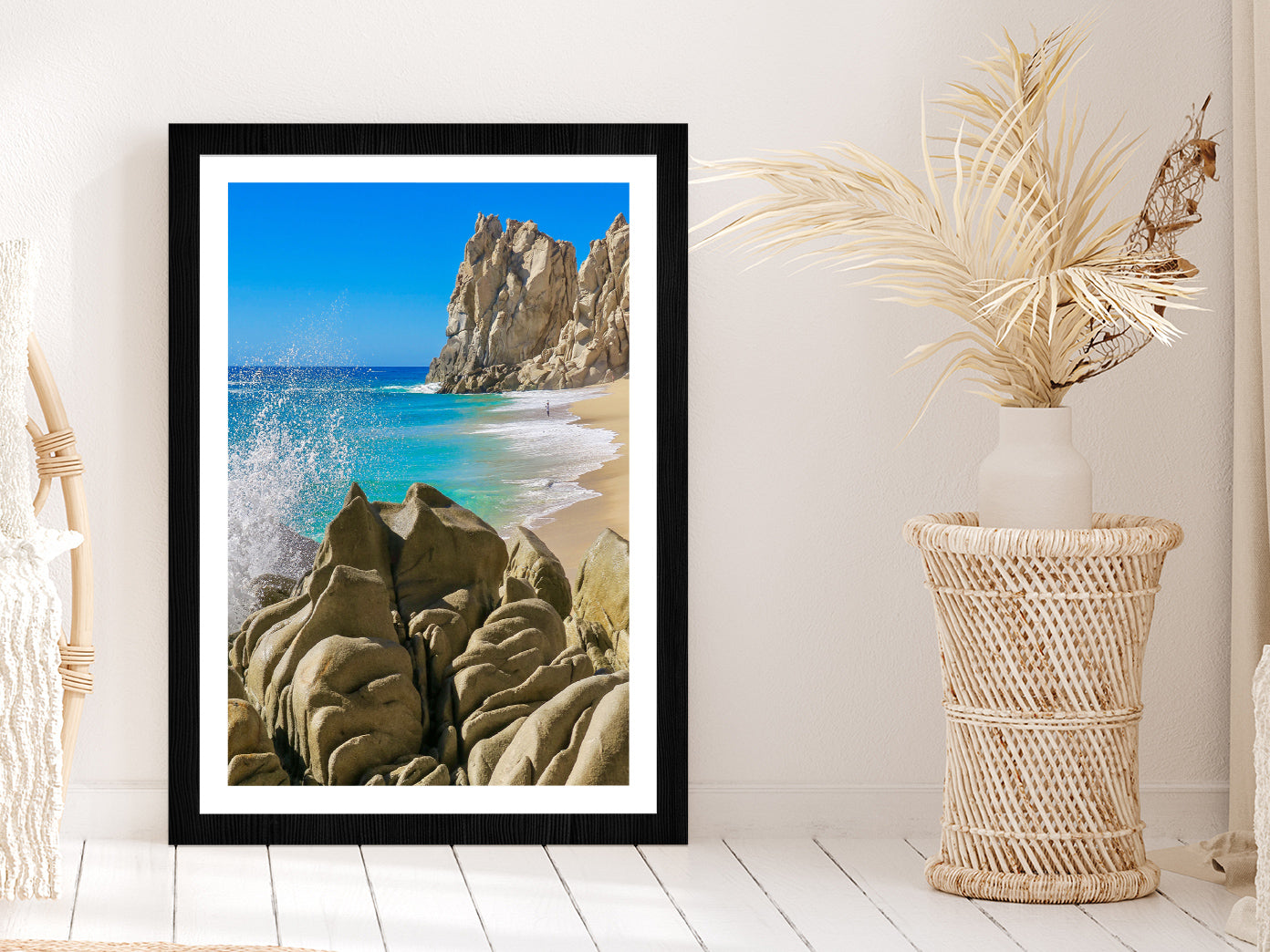 Rocky Beach Photograph Cabo San Lucas Mexico Glass Framed Wall Art, Ready to Hang Quality Print With White Border Black