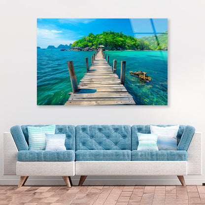 Wooden Pier Leads to An Island with Clear Blue Water and Lush Greenery  Acrylic Glass Print Tempered Glass Wall Art 100% Made in Australia Ready to Hang