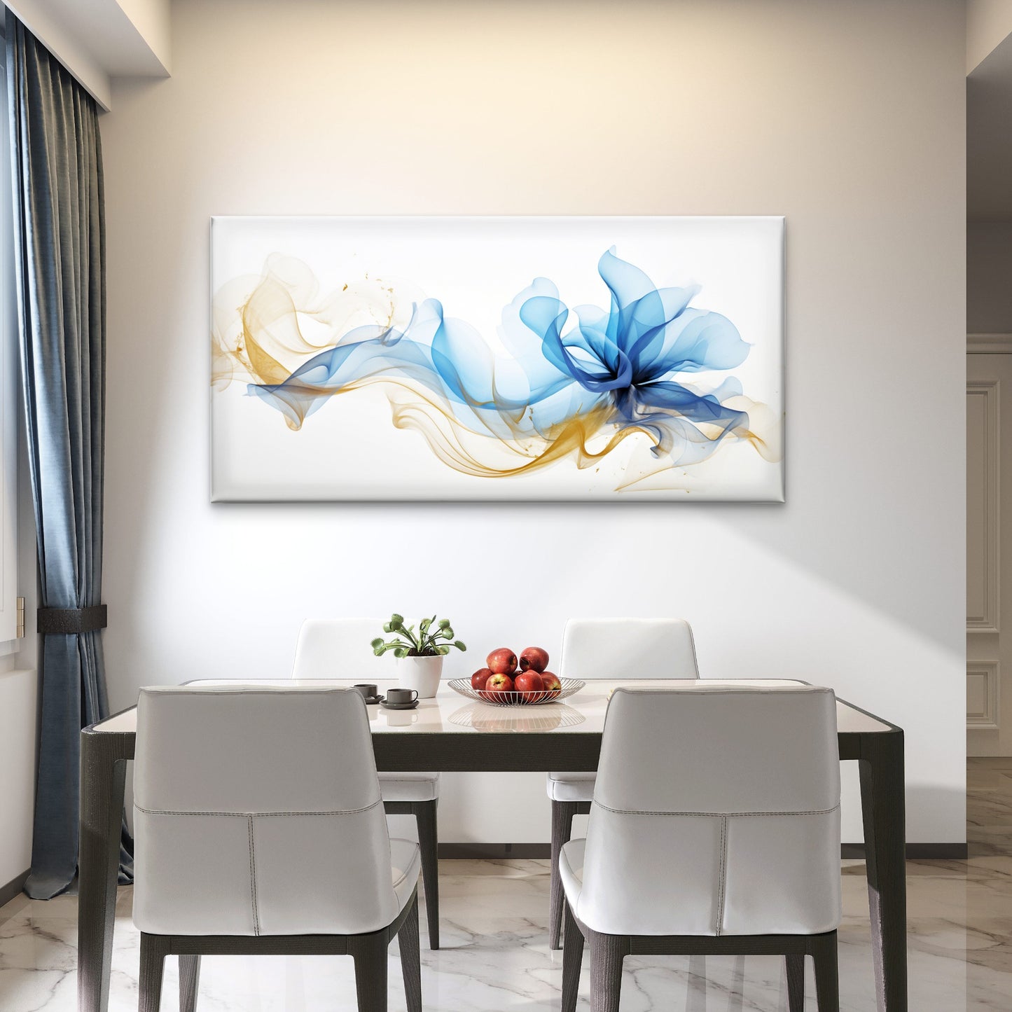 Blue Gold Fluid Silk Wave Wall Art Canvas Office Home Room Framed 120x60cm - Bella Home Decor
