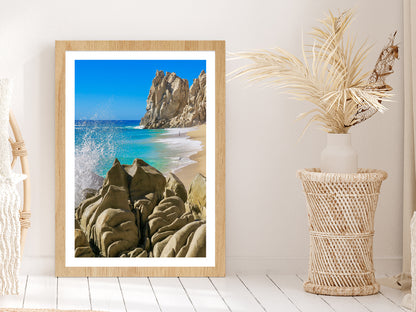 Rocky Beach Photograph Cabo San Lucas Mexico Glass Framed Wall Art, Ready to Hang Quality Print With White Border Oak