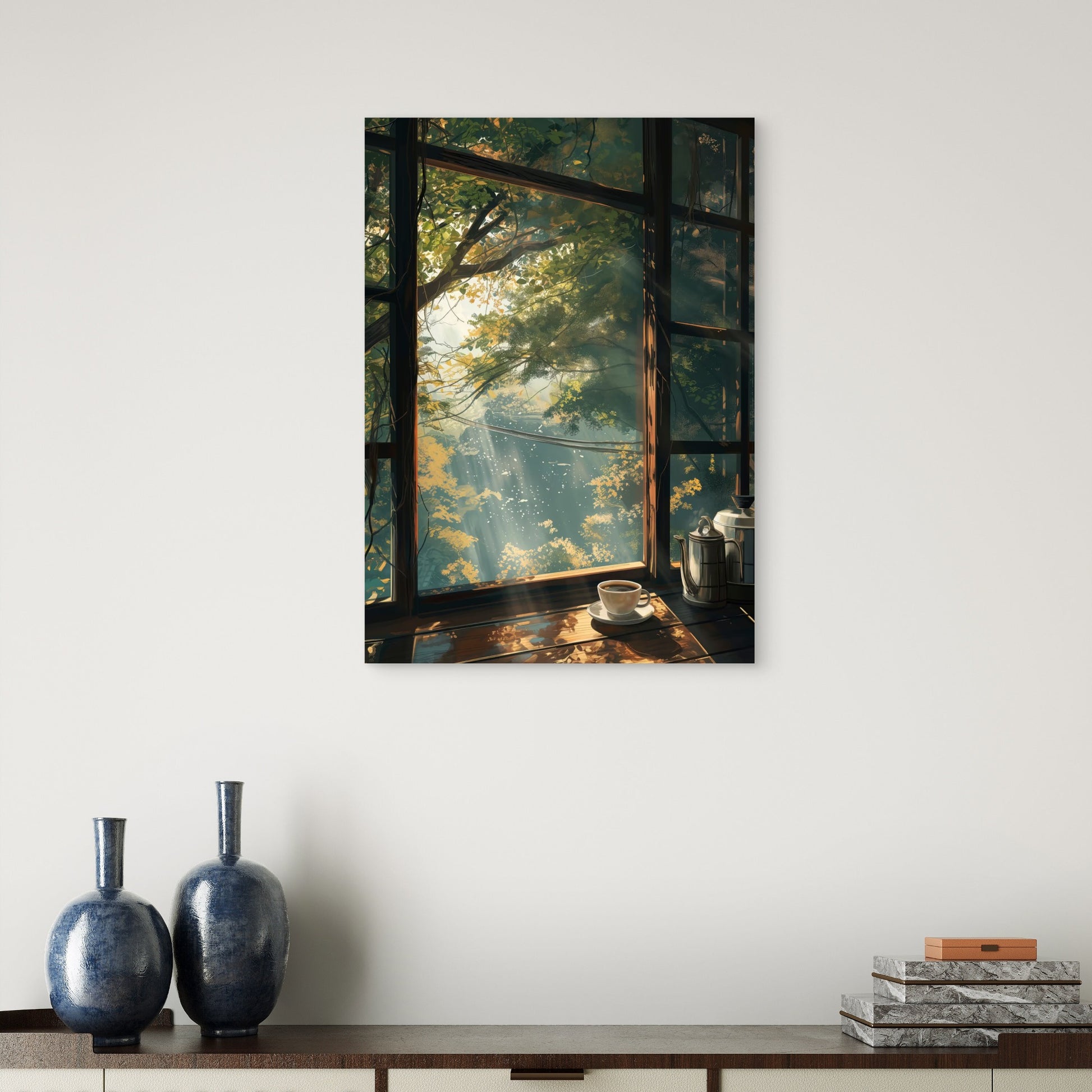 Sunlight Window Coffee Pot 60x90cm Metal Print Ready to Hang - Bella Home Decor