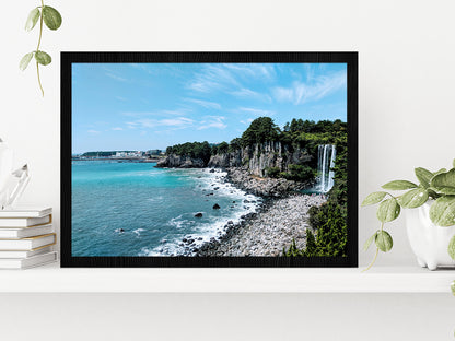 Waterfall At Jeju Beach Blue Sky Glass Framed Wall Art, Ready to Hang Quality Print Without White Border Black