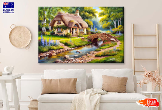 Idyllic Cottage by a Creek with Wild Colorful Wild Flowers and a Stone Bridge Wall Art Limited Edition High Quality Print