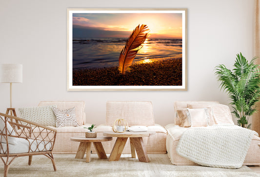 Feather With Sunset in Seashore Home Decor Premium Quality Poster Print Choose Your Sizes