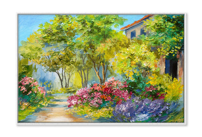 Green Trees & Flower Plants near House Oil Painting Wall Art Limited Edition High Quality Print Canvas Box Framed White