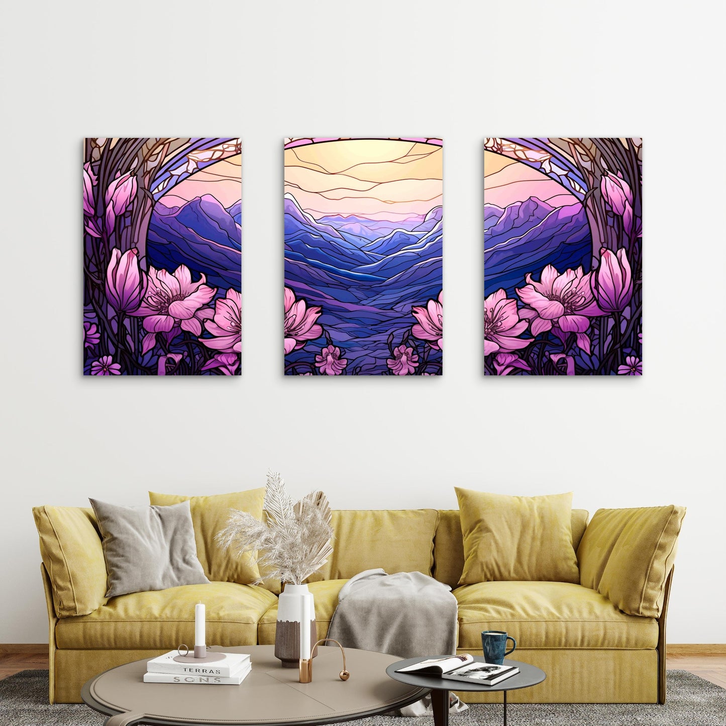 3pcs Purple Mountain Purple Flowers Metal Print Ready to Hang Art