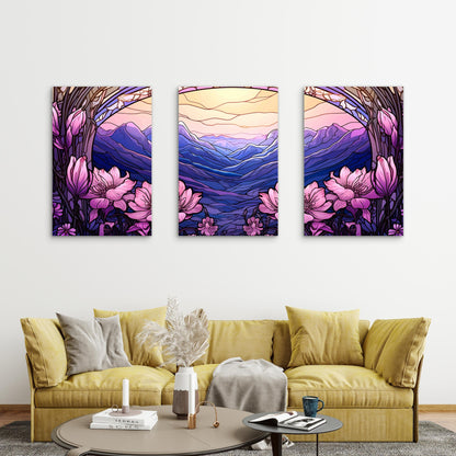 3pcs Purple Mountain Purple Flowers Metal Print Ready to Hang Art